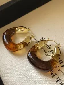 1 Pair of Retro Amber Resin Geometric Square Earrings for Women, Simple Casual Party Vacation Versatile U-shaped Earrings