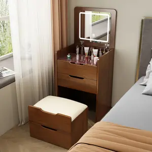 3 in 1 Vanity Desk with Plip Top Mirror,Small Make Up Vanity Set with Visible Glass Desktop,Compact Makeup Vanity with 3 Drawers,Dressing Table for Bedroom,Gift for Mother's day, Walnut