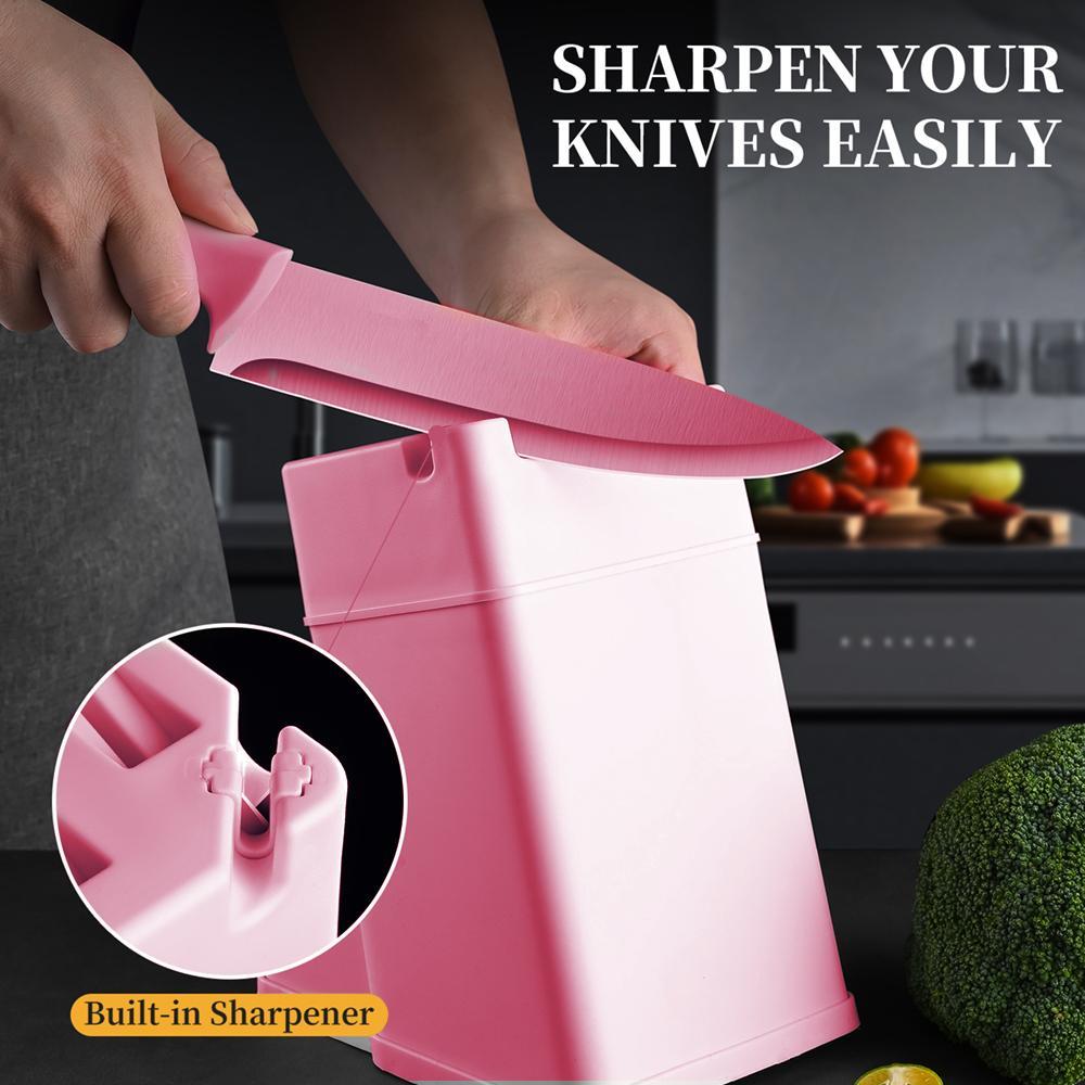 15-Piece Kitchen Knife Set: Solid Wood & Plastic Knife Block, Including Chef's Knife, Japanese-Style Knife, Meat/Vegetable Knife, Chicken Bone Knife, German-Style Steak Knife. Multi-Color Stainless Steel, Ideal for Home Storage & Gifting. Silicone Cutting