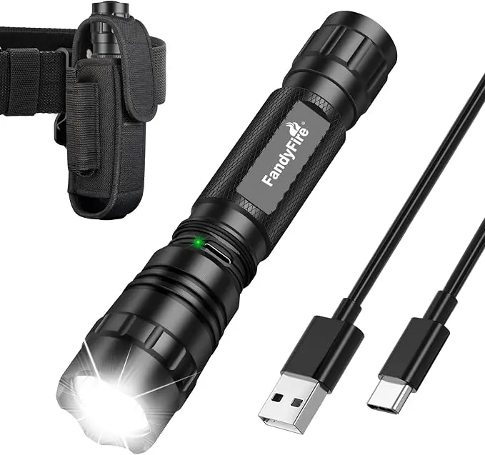 Rechargeable Tactical Flashlight with Holster, 1000 Lumen Police Flashlight for Duty Belt, 3 Modes LED Flashlight with Hidden USB-C Port, Waterproof for Patrol, Security and Emergency(Black)