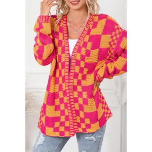 Women's Cardigan Sweater Vintage Open Front Mixed Checkered Pattern Chunky Knit Plaid Long Sleeve Daily Outwear