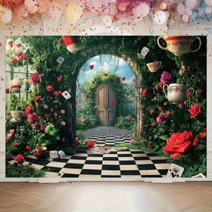 Magical Fairy Tale Backdrop – Castle & Bunny Design with Floral and Teapot Scene, Perfect for Weddings, Birthdays, Tea Parties, Bridal Showers & Celebrations, Suitable for decorating rooms of teenagers
