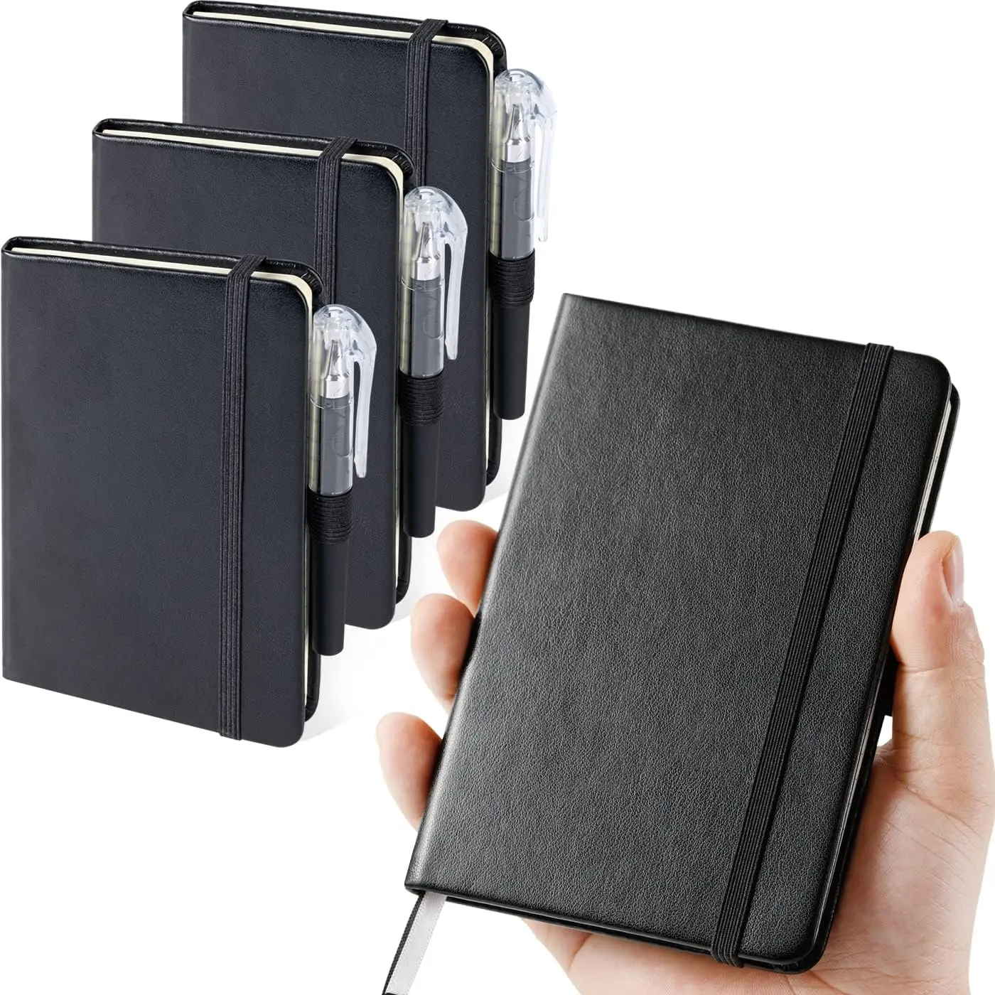 (3 Pack) Pocket Notebook Journal, Hardcover Small Mini Notebooks with Pens for Work, 3.7" x 5.7" A6 Notebook College Ruled with 100Gsm  Thick Lined Paper, Black Leather