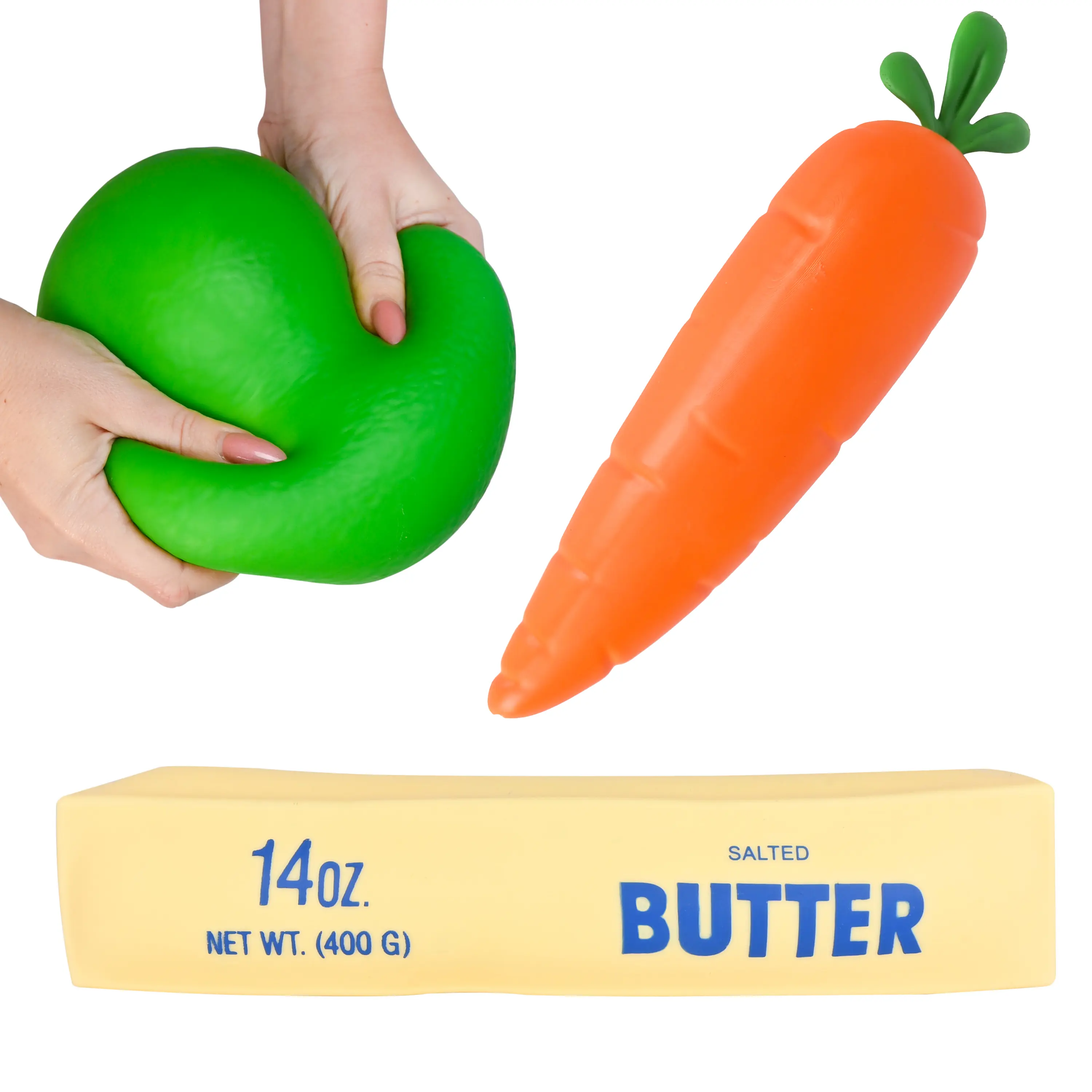 Toymendous Jumbo Squishy Food Bundle, Butter, Lime & Carrot Slow Rising Sensory Fidget Toys, 3 Pack