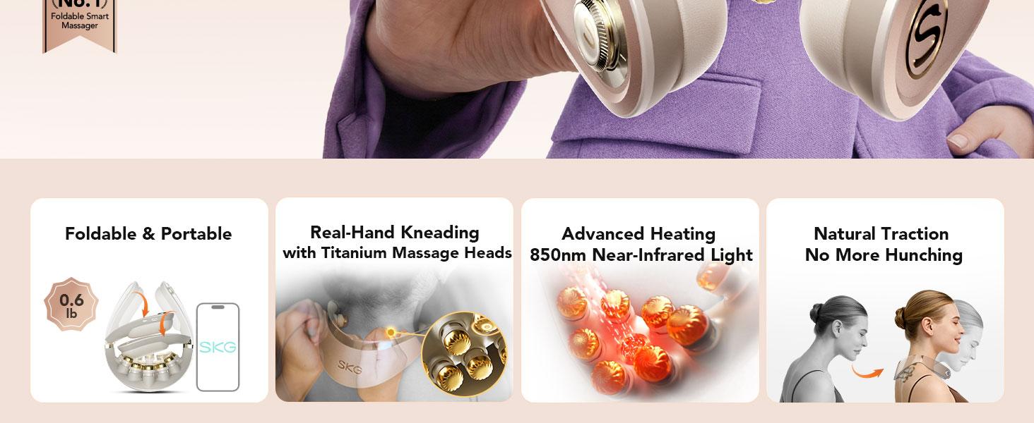 SKG Foldable Neck Massager for Pain Relief Deep Tissue Vibration Cordless Travel Massager,Portable 3D Neck Massager for Office Home Car Travel Gold Titanium Neck Massager 3.0 Valentine Gifts