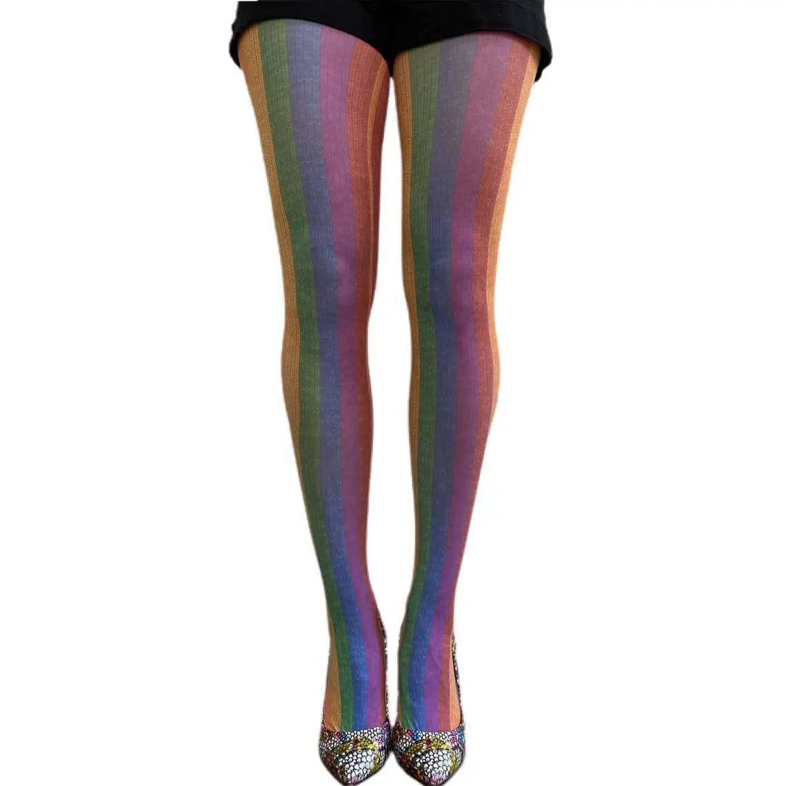 Rainbow Illusion Printed Tights - Colorful Fashion Accessory for Everyday Outfits and Street Style