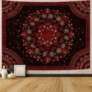 Boho Mandala Tapestry Wall Hanging Hippie Bohemian Floral Flower Medallion Tapestry Aesthetic Large Vintage Black Red Indian Tapestries for Bedroom Living Room Dorm Decor 80 x 60 Inch