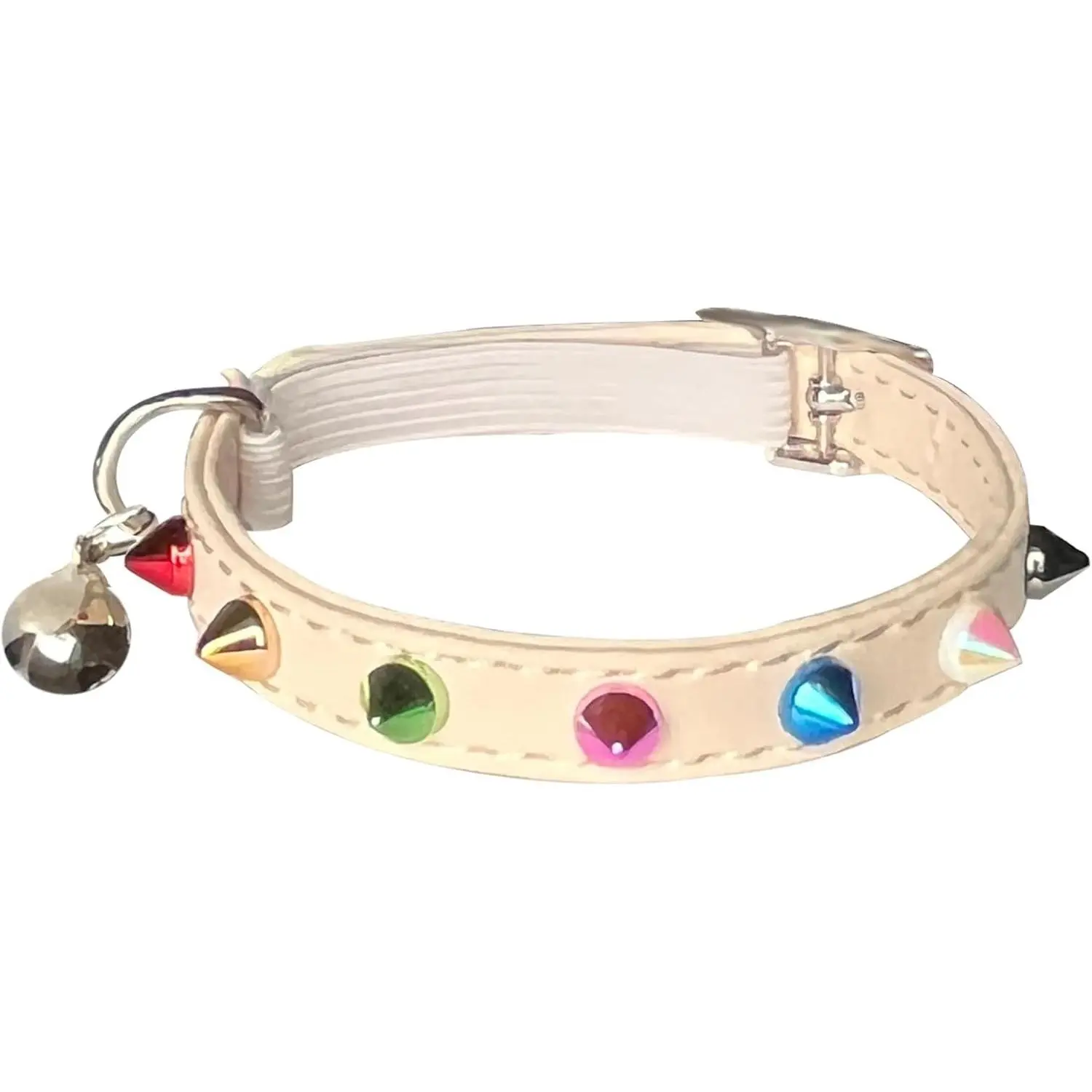 Fupo Spiked Cat Collar with Bell and Safety Belt Leather Kitten Collar with Stud Adjustable Neck 7.5" to 10" for Kitten Boys Girls (White)