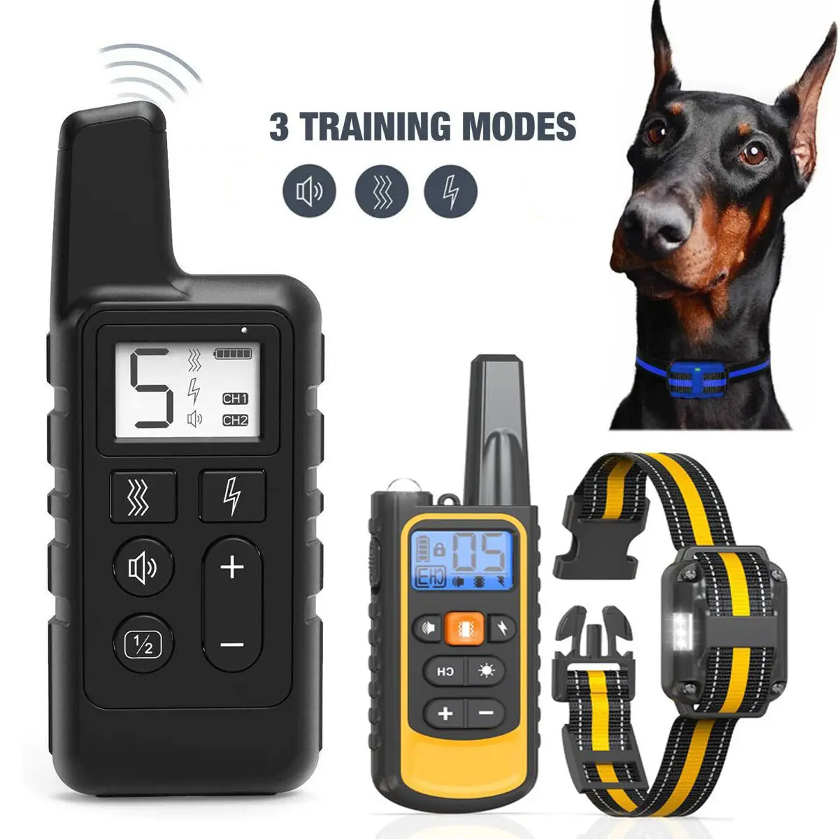 Dog Training Collar, IP67 Waterproof Dog Shock Collar with Remote Control, 3 Training Modes, Shock, Vibration and Beep, Rechargeable Electric Shock Co