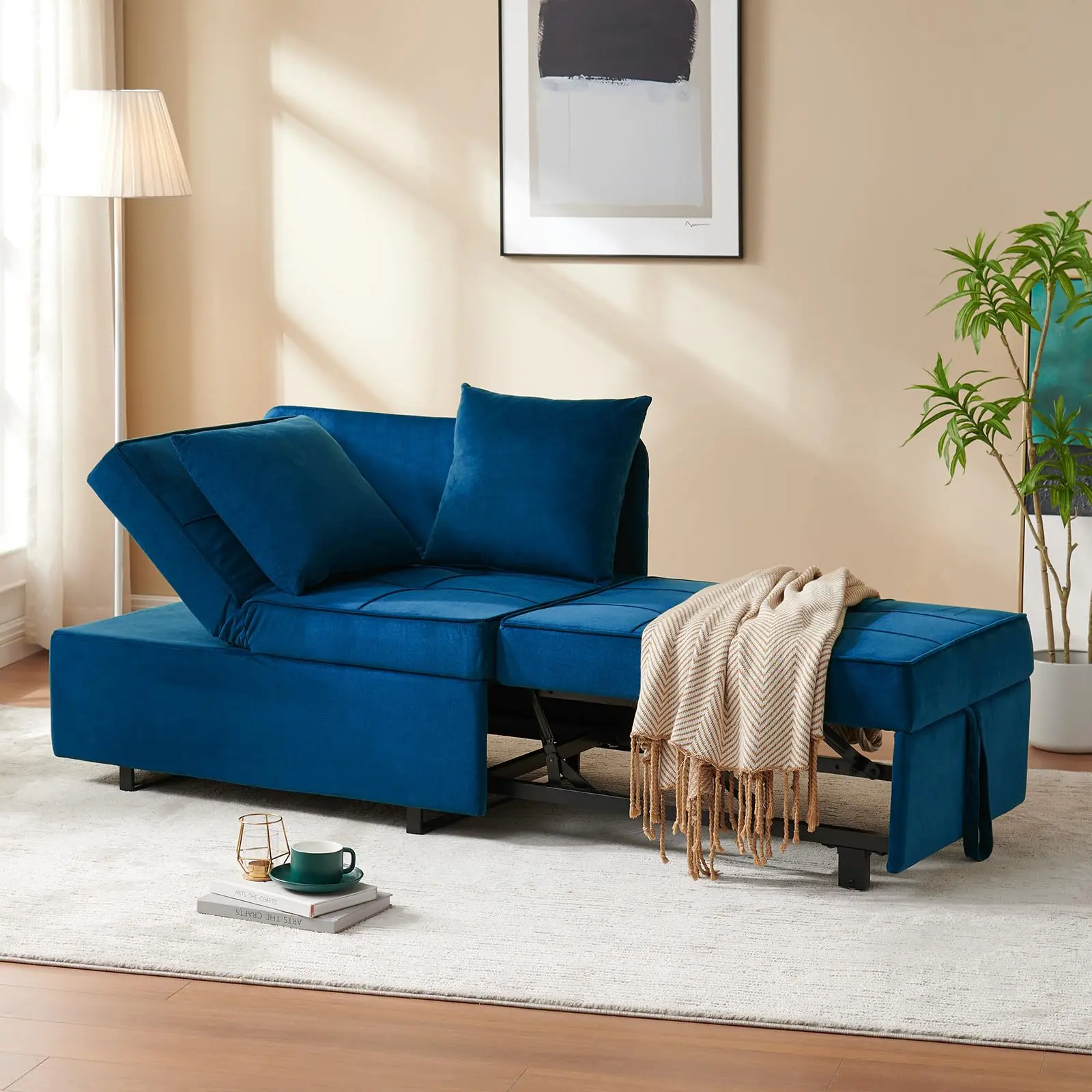 [Summergarden] Vabches Convertible Sofa Bed 4-in-1 Velvet Sleeper Sofa Chair Bed Pull Out Futon Couch Bed with USB Ports 5 Adjustable Backrest and Pillow Fold Out Ottoman Bed for Adults Small Spaces Living Room