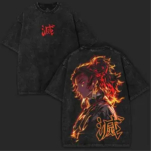 ToolHeaven Yoriichi Tsugikuni Demon Slayer Oversized Washed Vintage Tee – Sun Breathing Flame Graphic Cotton Shirt | Anime Collector Drop