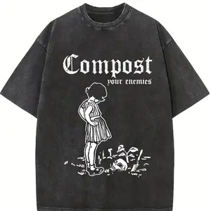 "Compost Your Enemies" Graphic T-Shirt - Heavyweight 230gsm 100% Washed Cotton Vintage Streetwear Tee with Drop Shoulder, Oversized Loose Fit for Men & Women, Casual, Parties, Festivals - Unisex Top