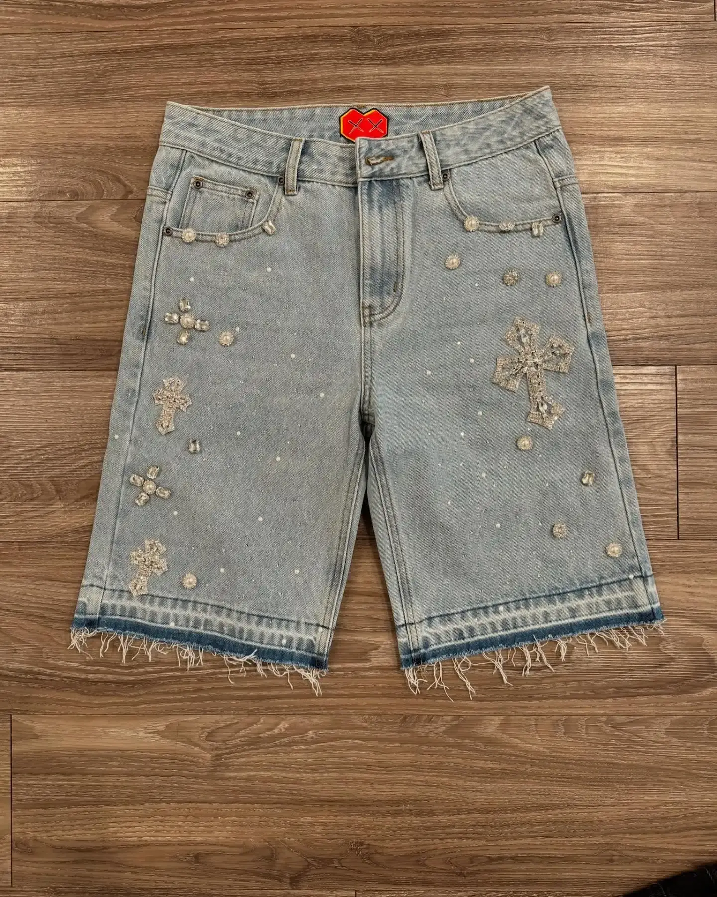 Y2K Gothic Diamond Cross Embroidery Denim Shorts American Retro 