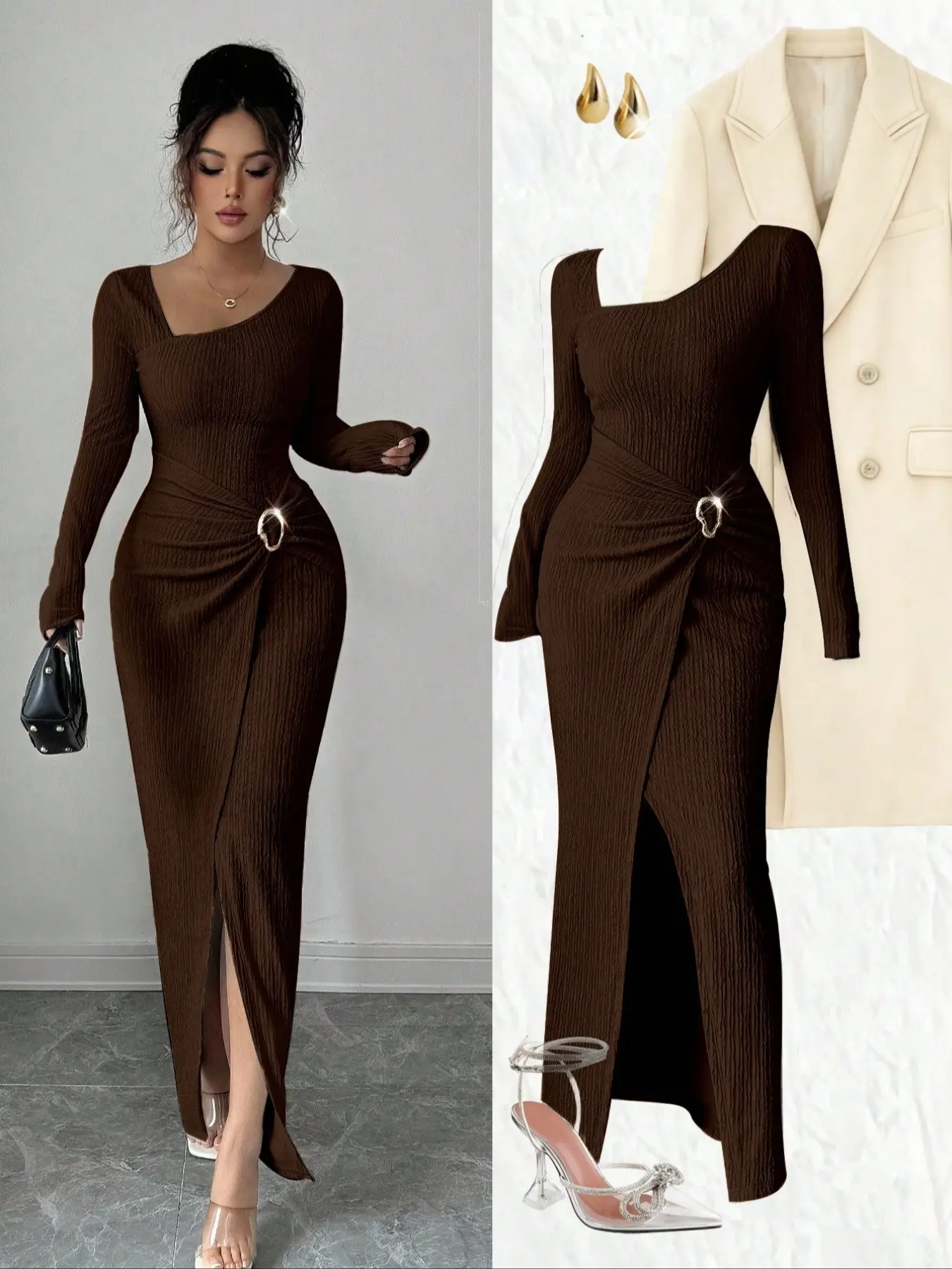 Women's Plain Fashion Long Dress, Irregular Neck Knit Texture Tight Fit,  Bodycon Side Slit, Twisted Split Design, Elegant Women's Clothing, Fall &  Winter - TikTok Shop