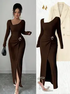 Women's Plain Fashion Long Dress, Irregular Neck Knit Texture Tight Fit, Bodycon Side Slit, Twisted Split Design, Elegant Women's Clothing, Fall & Winter