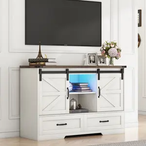 47" Farmhouse Storage Dresser with Sliding Barn Panels, LED Accent Lighting and Power Access, Media Storage Cabinet for Bedroom or Living Room (Fits up to 60" TV)