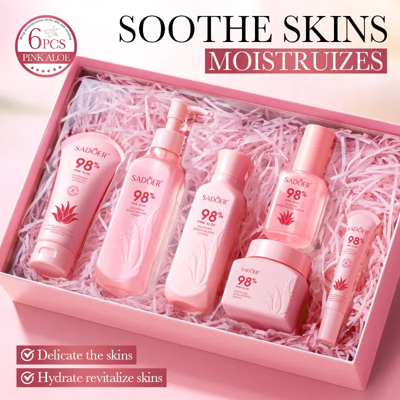 Pink Aloe Vera Soothing Moisturizing Skin Care 6pcs Set, Hydration Set, Summer Hydrating Facial Kit, Hydrate, Moisturize, Moisturizer