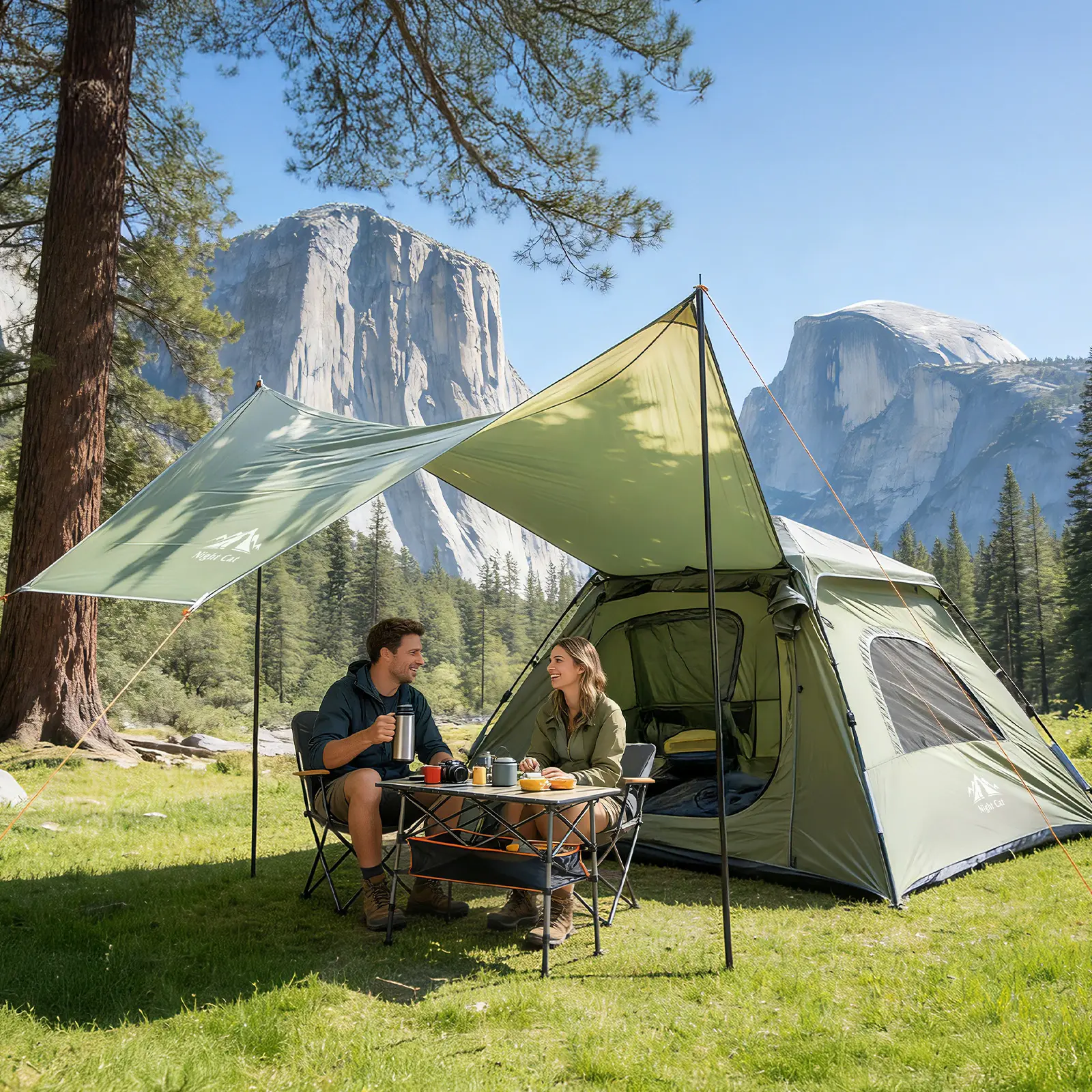 Night Cat 3-Person Instant Setup Cabin Tent, 2-in-1 Waterproof Polyester Rainproof Windproof Portable Tent with Canopy Tarp Porch, 83"x83"x55"H, for Family Camping (Sports & Outdoor), Rainproof Tent