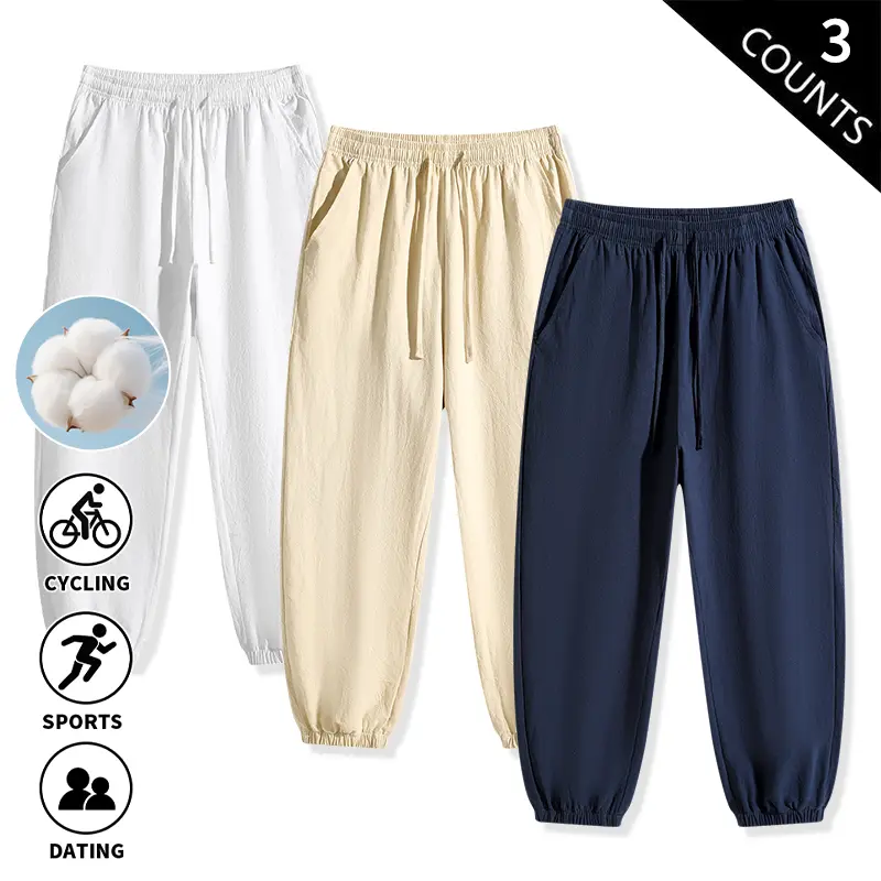 3-Pack Men’s 100% Cotton Jogger Pants – Elastic Drawstring Waist, Lightweight Loose Fit, Ankle Cuffs, Everyday Streetwear Lounge Pants with Pockets