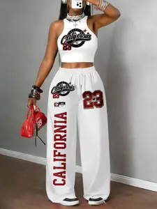 Women's California Pattern Print Slim Fit Crop Top & Wide Leg Pants Set, Street Fashion Casual Daily Wear, Women's Clothing Ensemble