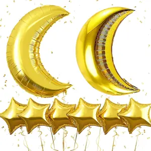 2 large golden moon balloons with 8 star balloons, suitable for decorating birthdays, weddings, bridal showers, and anniversary parties