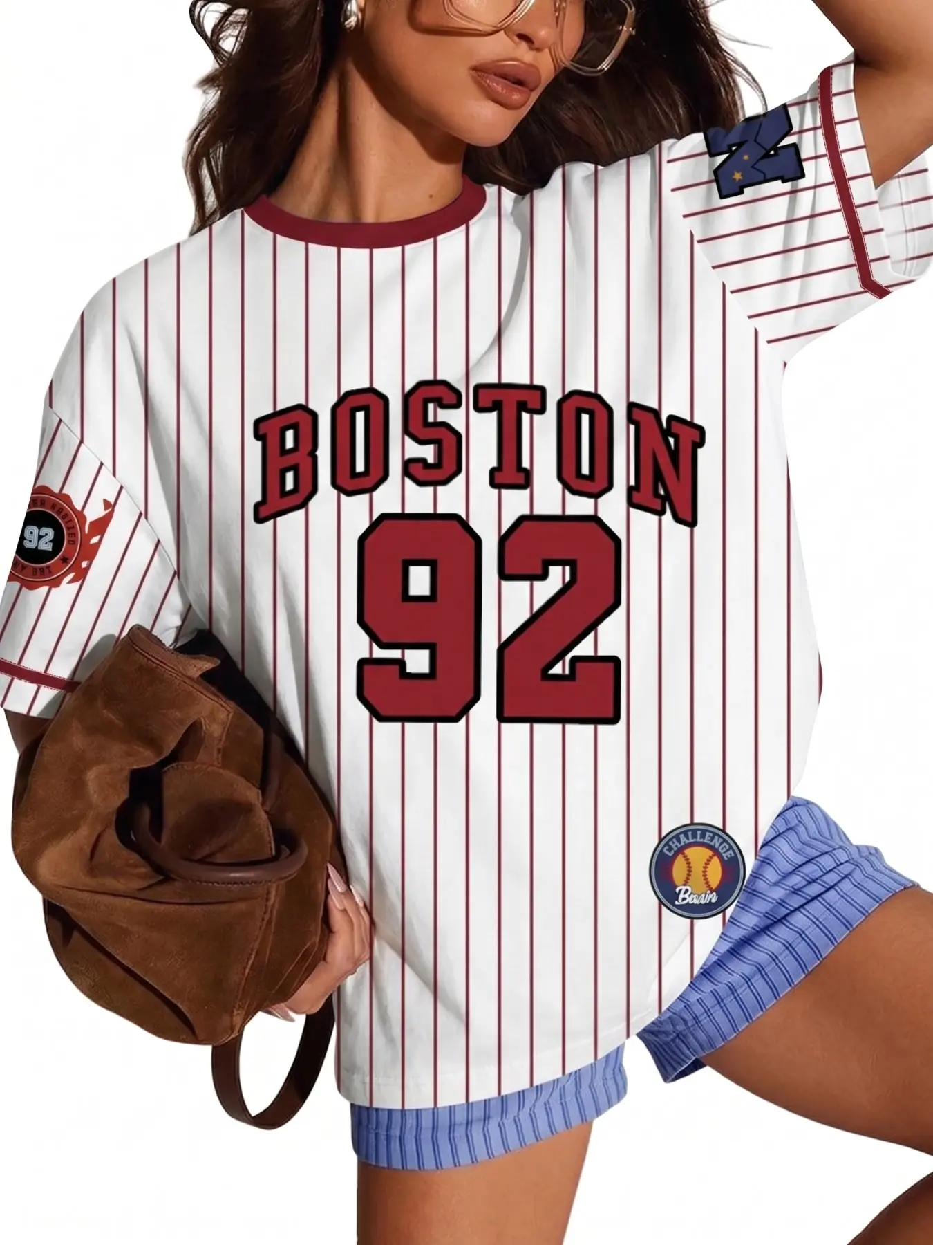 Trendy Boston 92 Baseball Casual Sports Jersey T-Shirt for Women 2026 Summer Aesthetic Red Vertical Striped Top for Girls Chic Retro Oversized Tee Athletic Tops