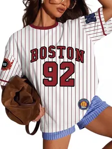 Trendy Boston 92 Baseball Casual Sports Jersey T-Shirt for Women 2026 Summer Aesthetic Red Vertical Striped Top for Girls Chic Retro Oversized Tee Athletic Tops
