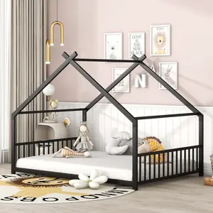 Full Size Floor Bed Frame Metal House Bed with Slats and Roof Full Size Floor Bed Frame Metal House Bed with Slats and Roof