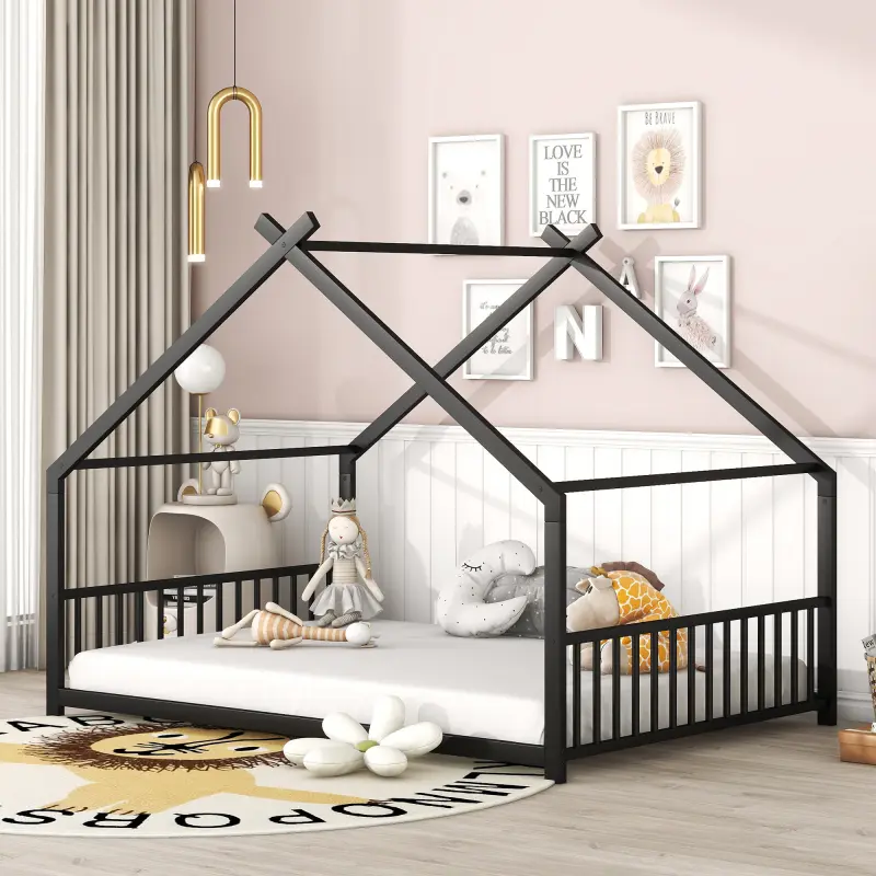 Full Size Floor Bed Frame Metal House Bed with Slats and Roof