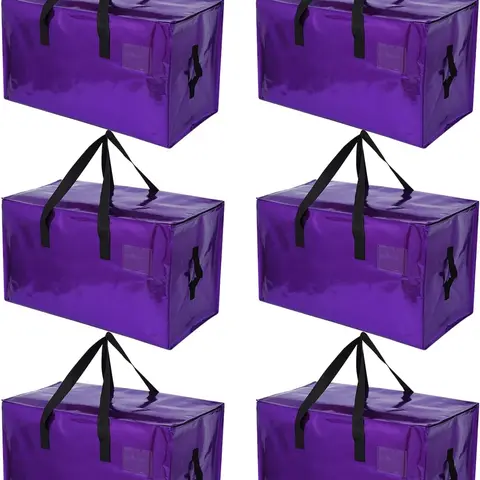 summerwins 6-Pack Heavy Duty Large Storage Bags - Collapsible Foldable Portable Moving & Daily Supplies with Handles, Zippers, Waterproof Plastic Totes for Clothes, Office Use (Purple)