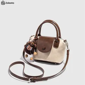 Zaleeta Retro Color-Block Dumpling , Aesthetic Small Crossbody Purse for Women, Effortless Chic Every Day , Premium Vegan Leather Handbag with Bear Charm, Perfect Minimalist Gift for Her city bag