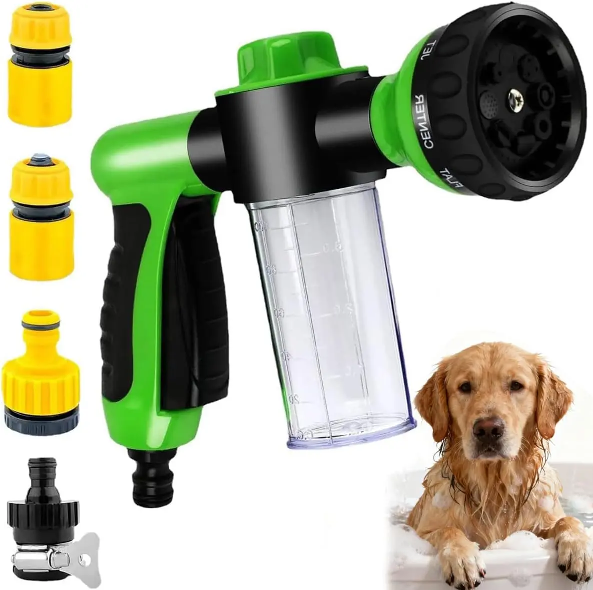 Dog Wash Sprayer Outdoor with  Spray Modes, Soap & Shampoo Dispenser Dog Sprayer Hose Attachment, Pet Wash and Garden Hose Nozzle for Watering Plants, Car Wash, Showering Pet