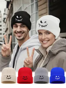 Unisex Knit Beanie Hat Set, Smiling Face Embroidery Design, Fitted Style for Fall & Winter, Perfect Gift for Birthdays & Holidays
