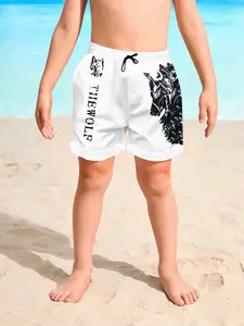 Trendy Wolf Head Beach Shorts for Boys, Drawstring Slim Fit Vacation Pants, Casual All-Over Printed Summer Wear