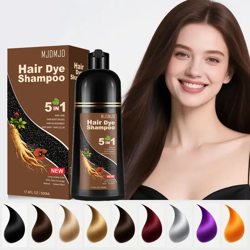 MJDMJD Hair Dye Shampoo 3 in 1, Can cover gray hair, Herbal Ingredients, Contains Ginseng Extract, 15 Mins Haircoloring & Plant Haircare, Natural Shampoo, Long-Lasting Color for Men & Women, Black hairdye, Suitable for All Hair Types, 16.9fl.oz, Natural B