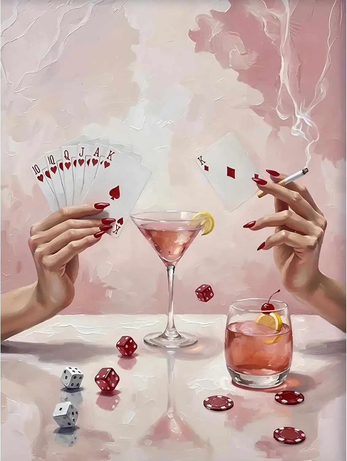 5D Diamond Painting Kit Retro Girly Poker Night Art Lady Hands With Playing Cards Martini Cocktails Dice Poker Chips Soft Pink Textured Background Bar Crystal Rhinestone Wall Decor Gift