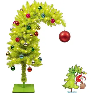 3 FT Whimsical Christmas Tree,Lime Green Bendable Christmas Tree,Branch Artificial Christmas Tree with Timer Remote Control and Ball & Metal Base Holiday Decor  for  Office Party Decor