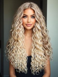 long curly wigs for women, gorgeous fluffy wigs without bangs, synthetic lace front wigs for party, daily use