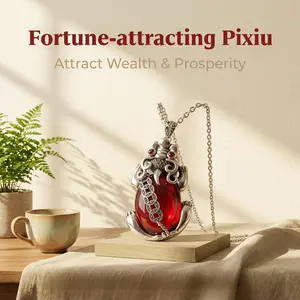Silver Plated Copper Pixiu Pendant Necklace, Vintage Chinese Wealth Symbol with Oval Red Gemstone, Guardian Lion Amulet for Good Luck, Unisex Feng Shui Jewelry for Men & Women