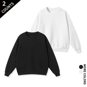 Set of 2 solid crew neck sweatshirts, soft warm fleece-lined, long sleeves, loose pullover fit—ideal for autumn/winter layering, running, outdoor activities, and everyday casual wear.