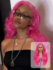 LeHanHair 13X6 Lace Front 24 Inch Body Wave Wig synthetic Per Plucked Natural Hairline High Quality Heat Resistant Pink Color Daily Use For Women