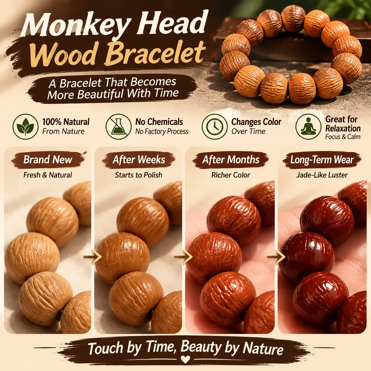 Natural Monkey Head Wood Bracelet – Traditional Chinese Handcrafted Beads, Color Changes Over TimeChinese Monkey Head Wood Bracelet | 100% Natural Wooden Beads | A Bracelet That Ages Beautifully