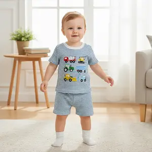 Toddler Boy Summer Construction Truck Outfit Set - Short-Sleeve Striped Top + Shorts 2-Piece