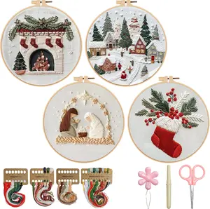 Christmas Embroidery Kit, 4 Pack Cross Stitch Kits,DIY Embroidery Starter Kit for Adults & Beginners, DIY Needlepoint Kit with Embroidery Hoop Thread Needle for Craft Lover Birthday Gifts 2