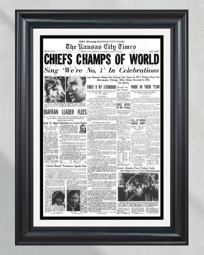 1970 Kansas City Chiefs Super Bowl IV Champions Unframed Poster - Hank Stram & Len Dawson Era Front Page Newspaper Print - Vintage NFL Wall Art