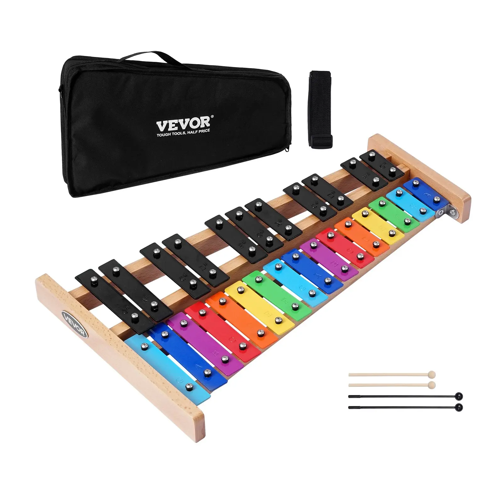 VEVOR 27-Note Xylophone Glockenspiel, Professional Percussion Instrument with Colorful Steel Alloy Keys, Wood Base, 2 Plastic Mallets, 2 Wooden Mallets & Carrying Bag, Early Music Learning Kit for All Ages, Xylophones