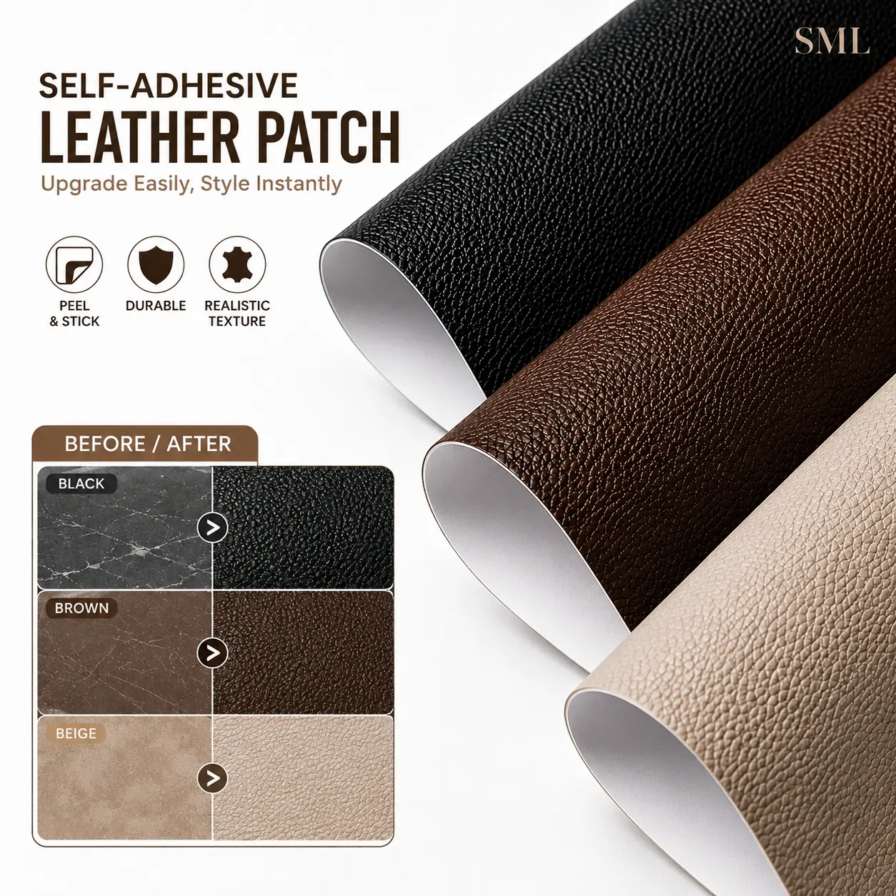 SML 20x54 Inch Self Adhesive Leather Repair Patch Waterproof PVC Leatherette Sticker for Sofa Large Leather Patch for Car Seat and Furniture Upholstery Peel-and-Stick Leather Repair Patch Roll Decorative