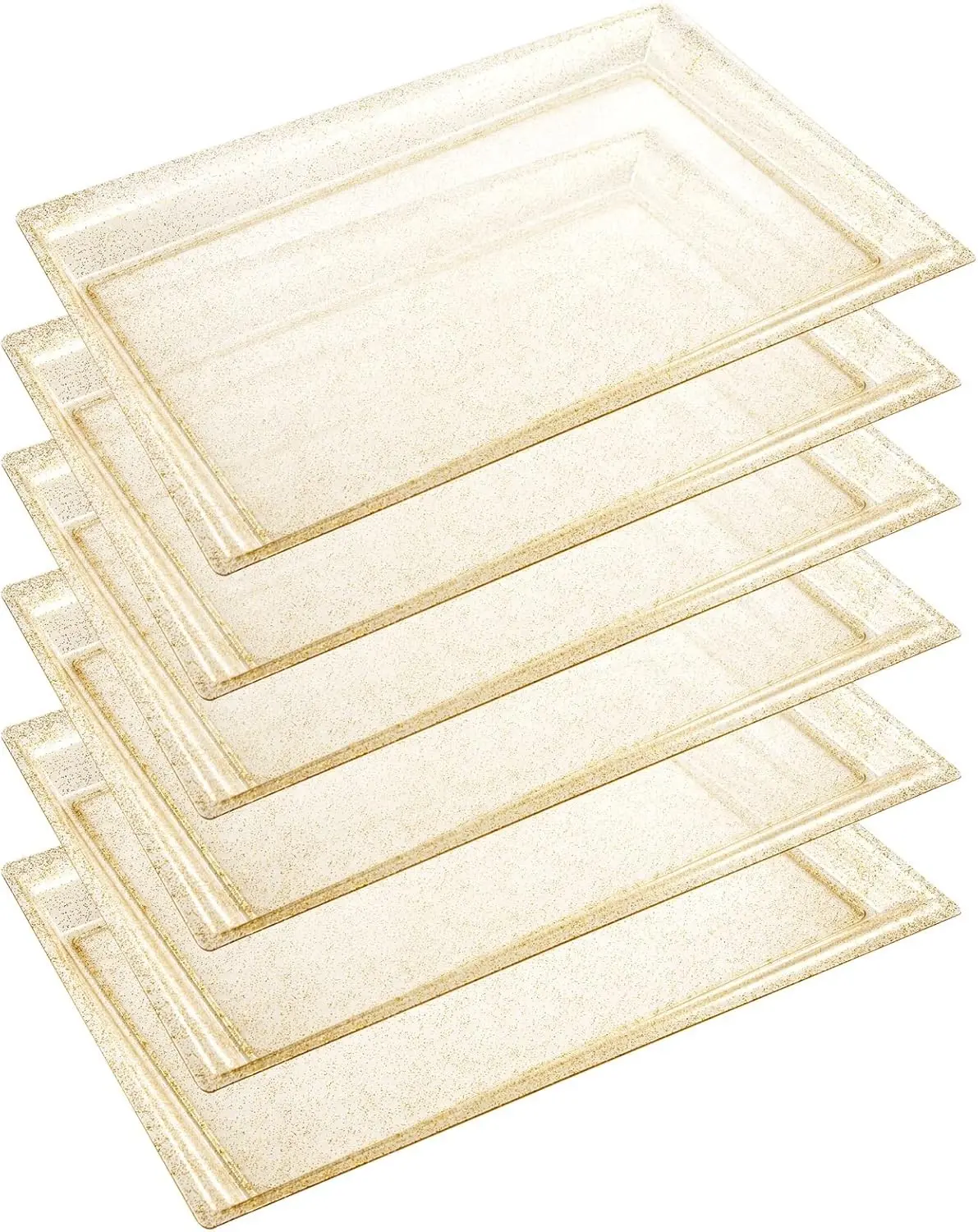 6 Pack Gold Glitter Plastic Serving Tray, 15" x 10" Crooked Food Trays, Clear Disposable Serving Platter for Parties, Weddings
