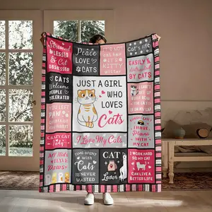 Cat Lover Patchwork Flannel Throw Blanket, Super Soft Warm Cat Affirmation Throw, Ideal Birthday Gift for Cat Enthusiasts, Suitable for Couch Travel