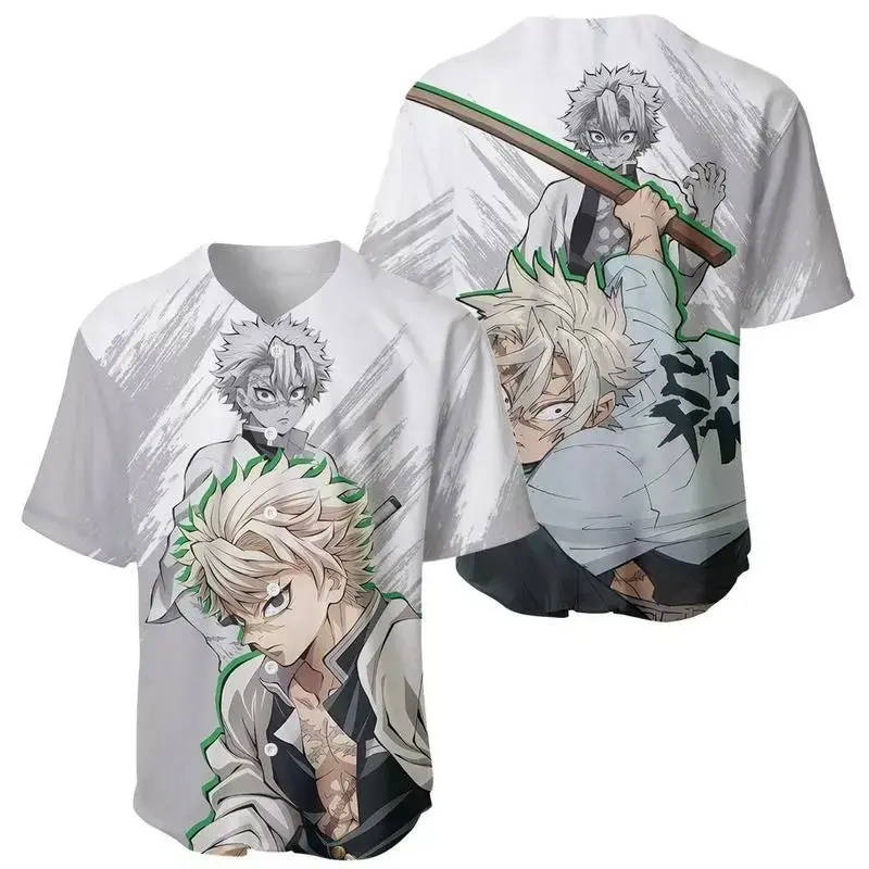 Demon Slayer Sanemi Shinazugawa Baseball Jersey Wind Hashira Anime Streetwear Button Down Shirt Premium Breathable Mesh Graphic Cosplay Sportswear Gift